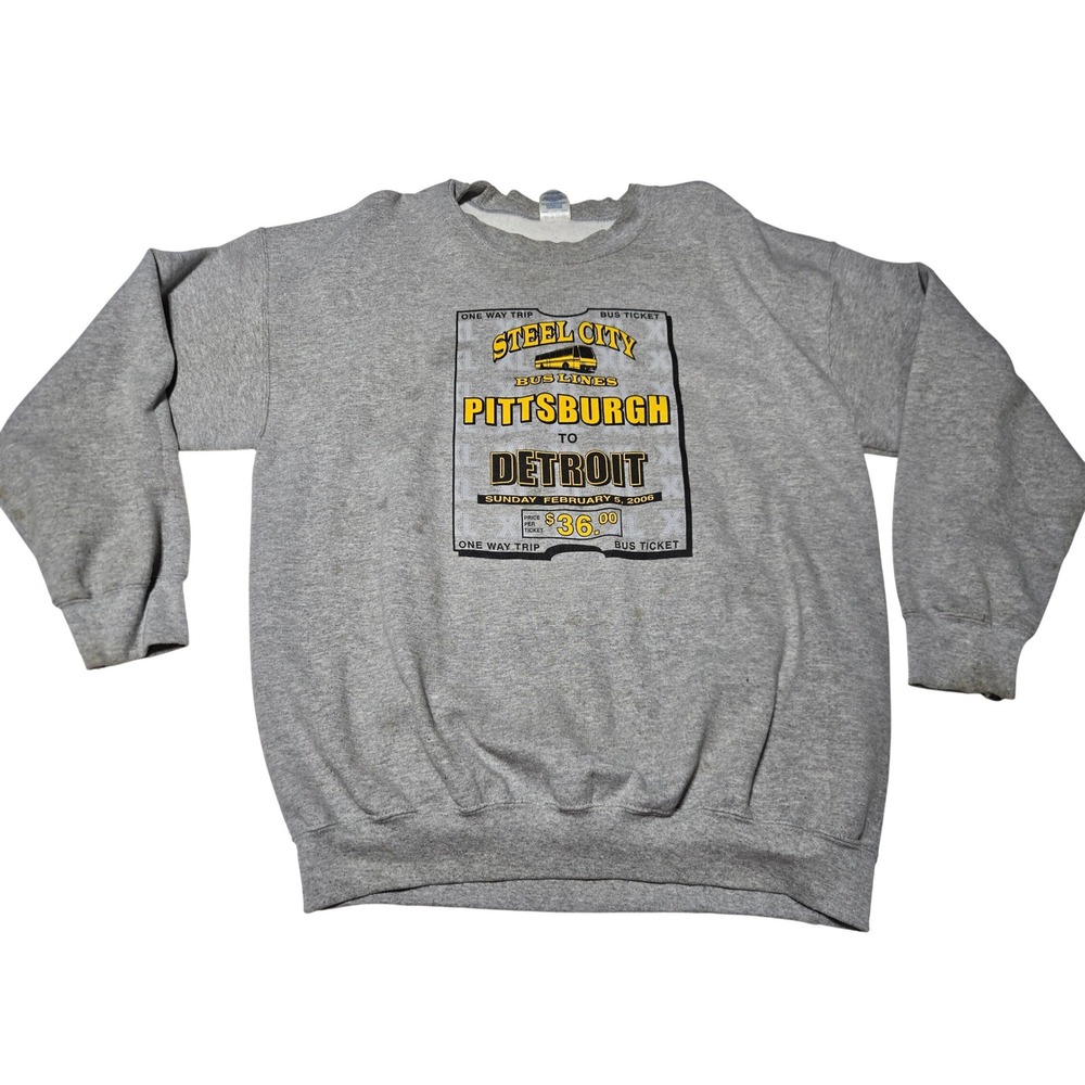 Pittsburgh Steelers Detroit Super‎ Bowl Sweatshirt Mens XL Gray Bus Back Hit